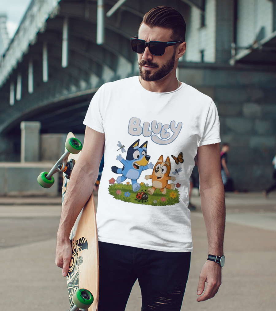 Bluey And Friends Playing With Bugs And Butterflies In The Meadow T-Shirt