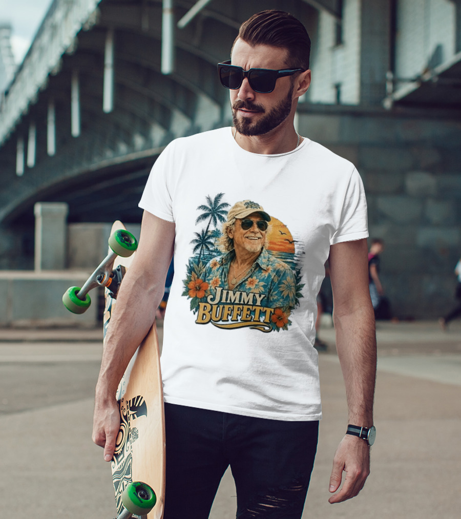 Jimmy Buffett Tropical Vibes Sunset And Palm Trees Floral T-Shirt