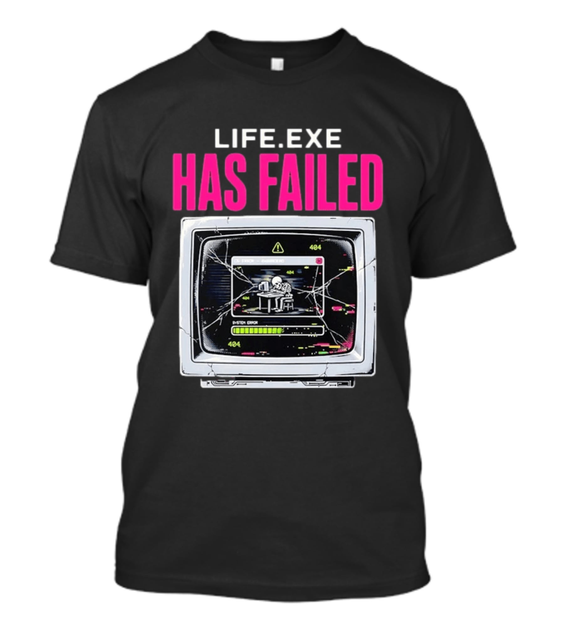 Lifeexe Has Failed System Error 404 Skeleton Computer Retro Monitor T-Shirt