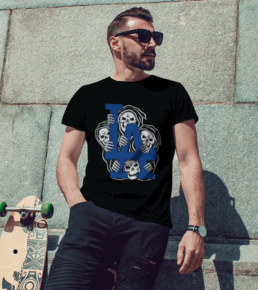 Skeletons Behind LA Dodgers Blue T-Shirt