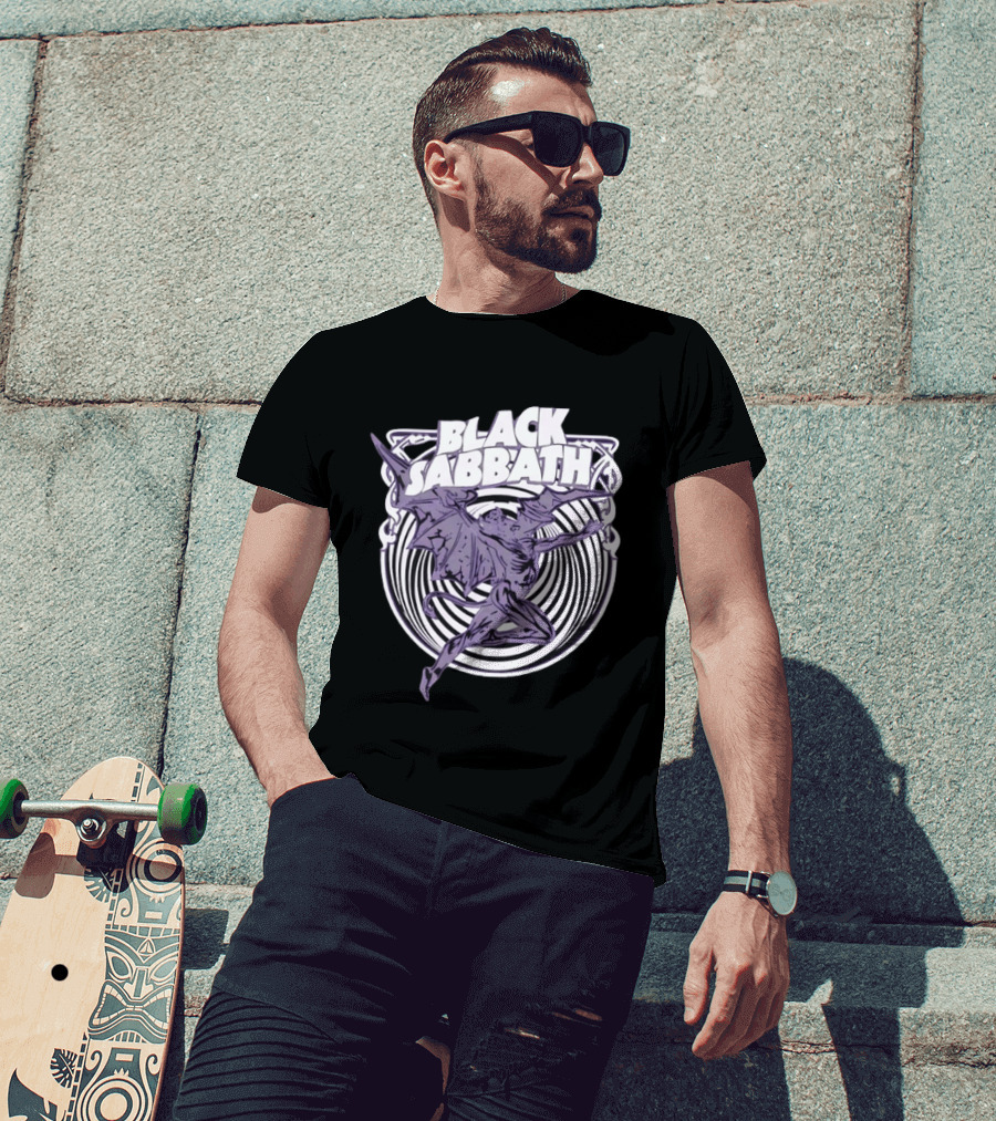 Black Sabbath Flying Devil With Striped Background Iconic Heavy Metal T-Shirt
