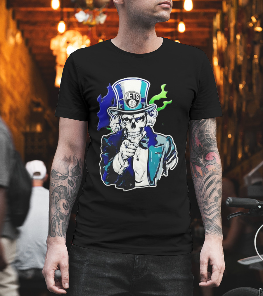 Brooklyn Nets Skeleton Uncle Sam Top Hat Pointing Stripes T-Shirt