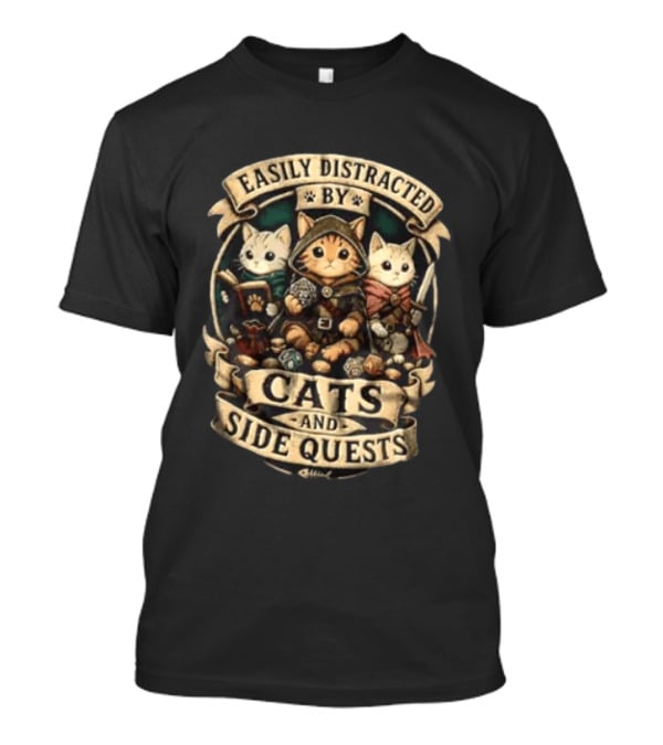 Easily Distracted By Cats And Side Quests Fantasy Adventure Cats T-Shirt