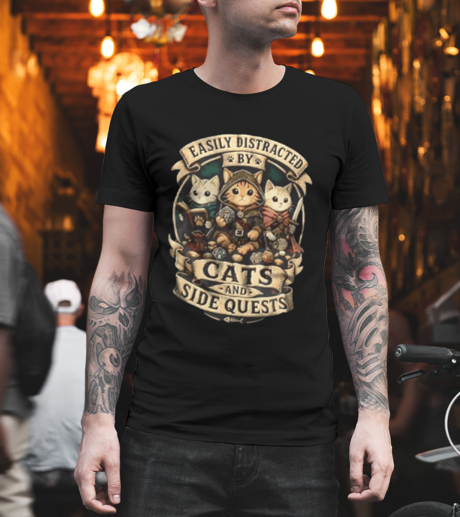 Easily Distracted By Cats And Side Quests Fantasy Adventure Cats T-Shirt