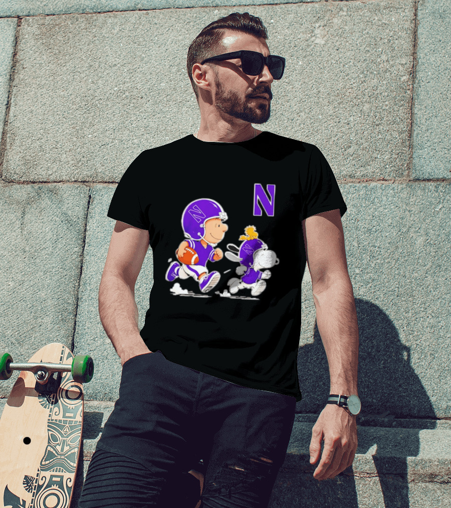 Northwestern Wildcats Charlie Brown Woodstock Snoopy Football Running T-Shirt