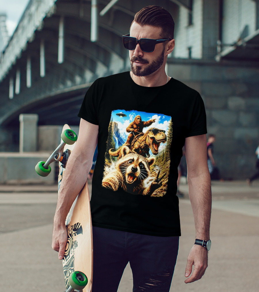 Raccoon Selfie Bigfoot Rex Adventure With UFO And Mountains T-Shirt