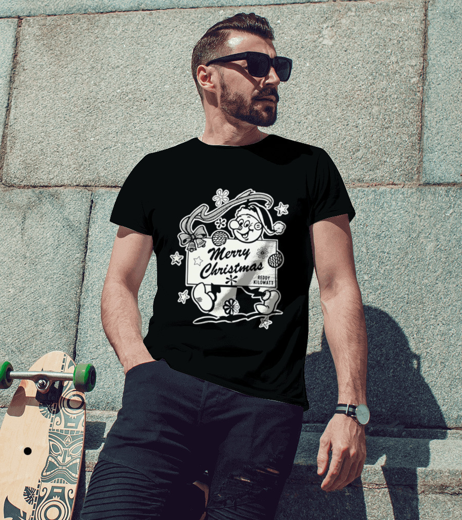 Reddy Kilowatt Merry Christmas Holiday Print Concept With Snowflakes T-Shirt