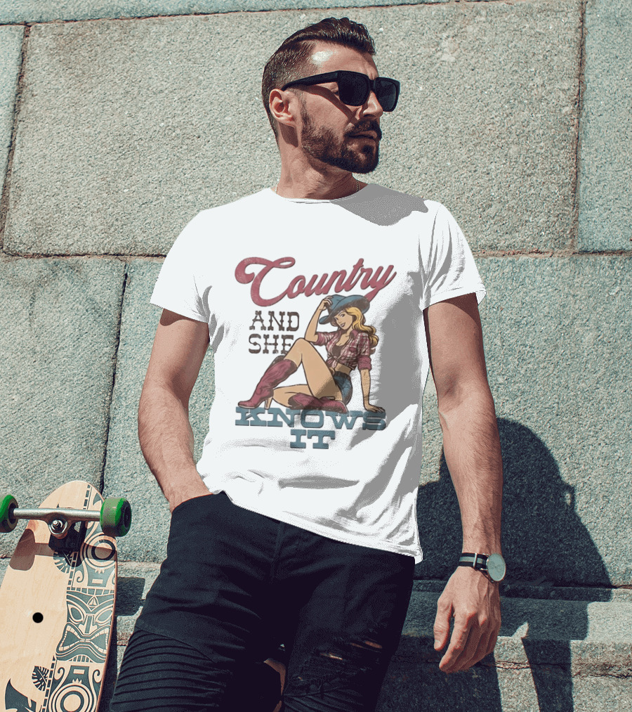 Country And She Knows It Cowgirl Western Boots And Hat T-Shirt