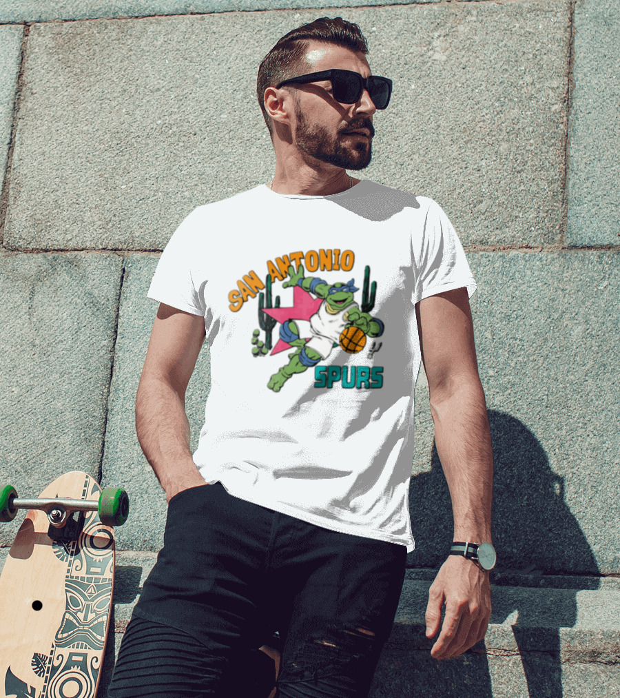 San Antonio Spurs Cartoon Turtle Dribbling Basketball Cacti T-Shirt