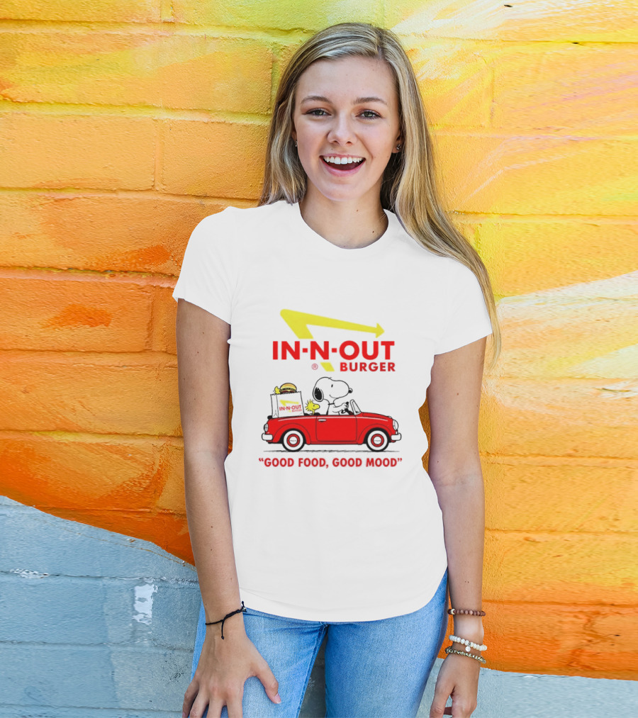 In N Out Burger Snoopy Woodstock Driving Red Convertible Good Food Good Mood T-Shirt