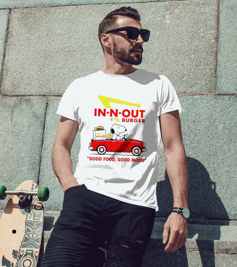 In N Out Burger Snoopy Woodstock Driving Red Convertible Good Food Good Mood T-Shirt