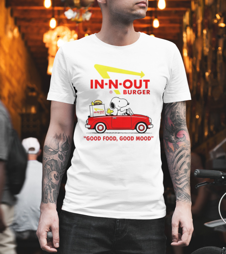 In N Out Burger Snoopy Woodstock Driving Red Convertible Good Food Good Mood T-Shirt