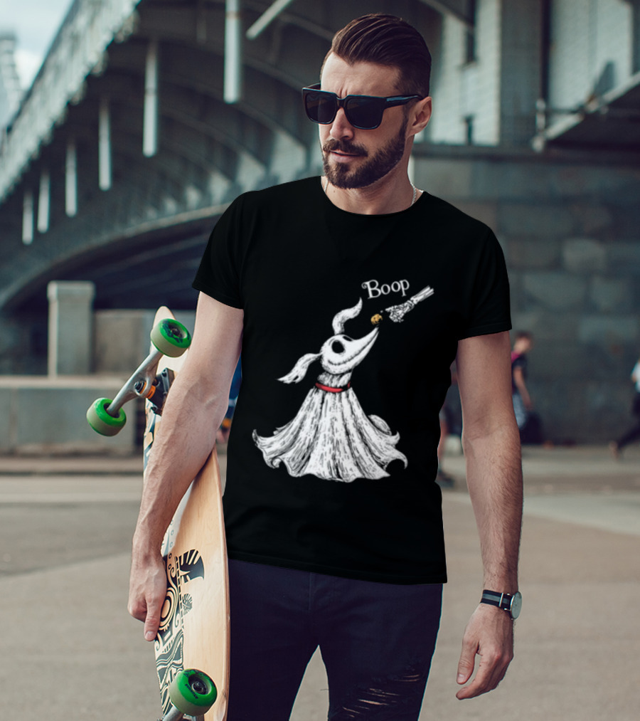 Boop Skeletal Hand Touching Pumpkin Nose With Ghostly Dog Line Sketch T-Shirt