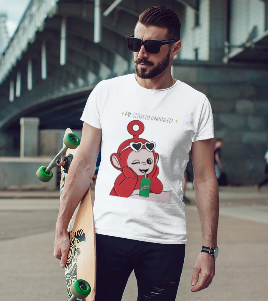 Po Sitively Unhinged Funny Red Teletubby Heart Sunglasses Drinking Mtn Dew T-Shirt