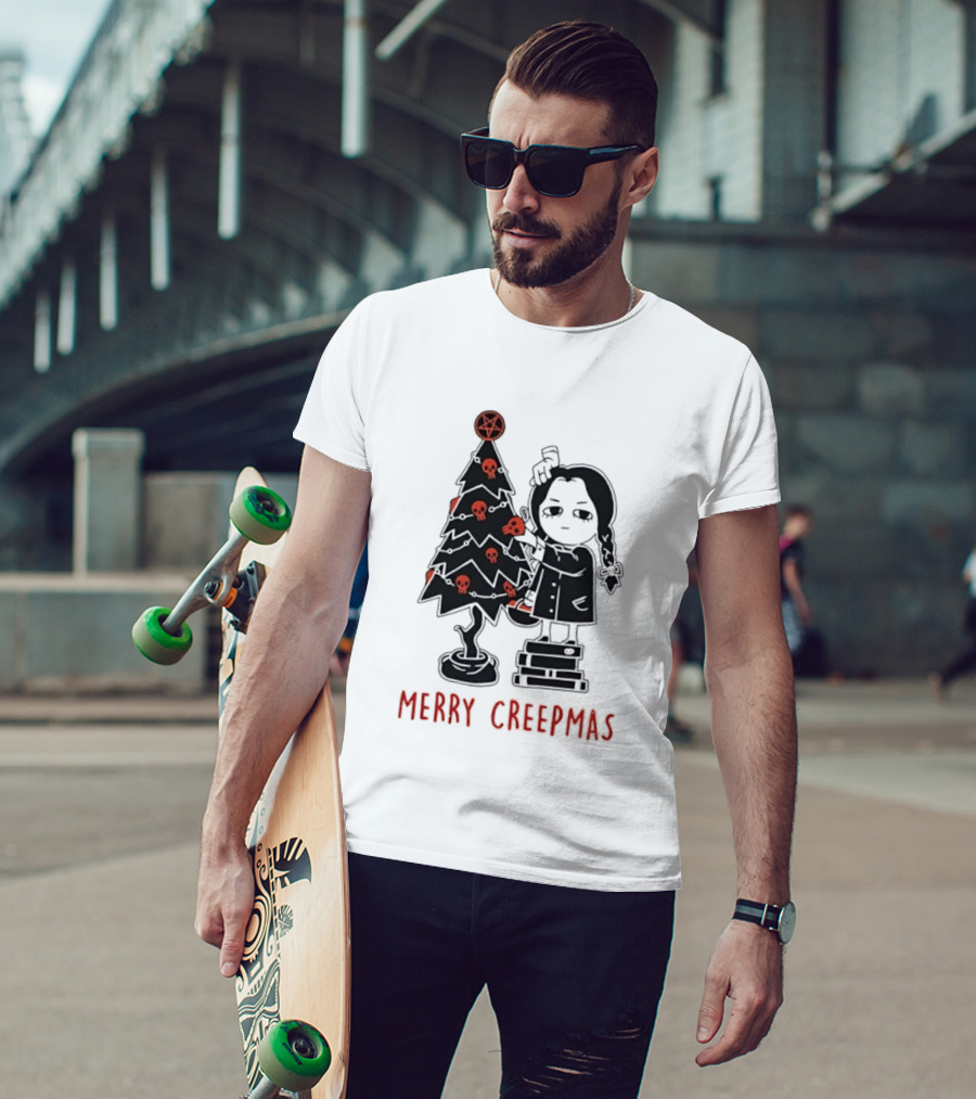 Wednesday Addams Merry Creepmas Goth Christmas Skulls Tree T-Shirt