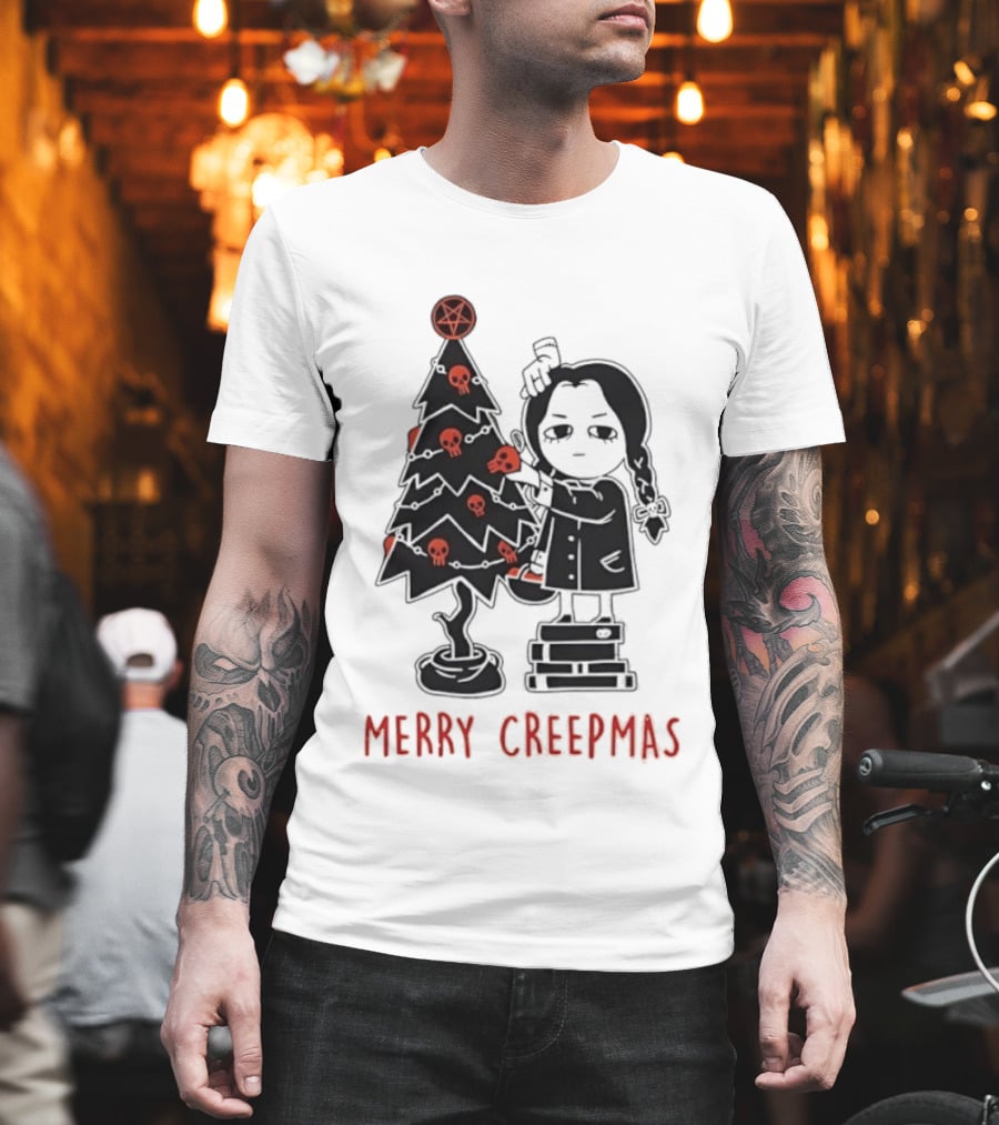 Wednesday Addams Merry Creepmas Goth Christmas Skulls Tree T-Shirt