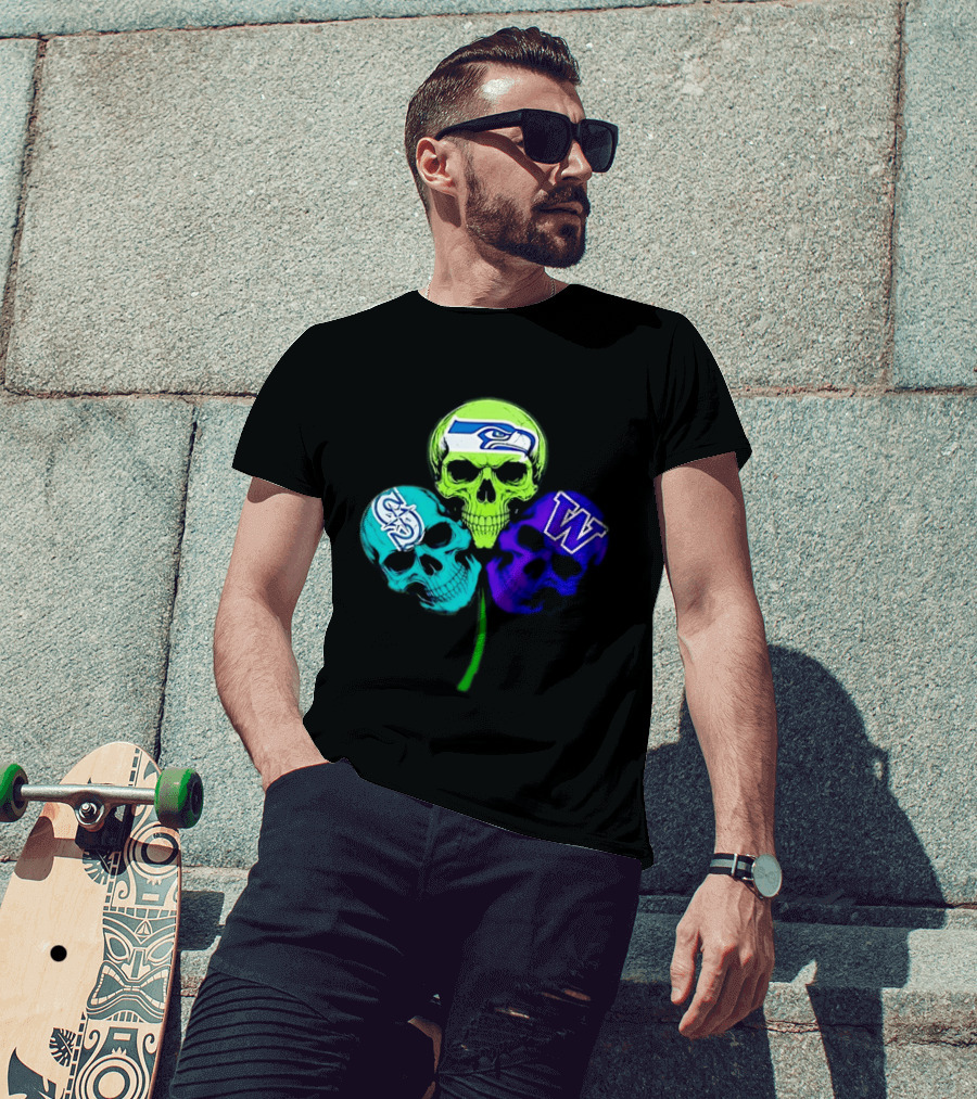 Seattle Seahawks Mariners Washington Huskies Shamrock Skulls T-Shirt