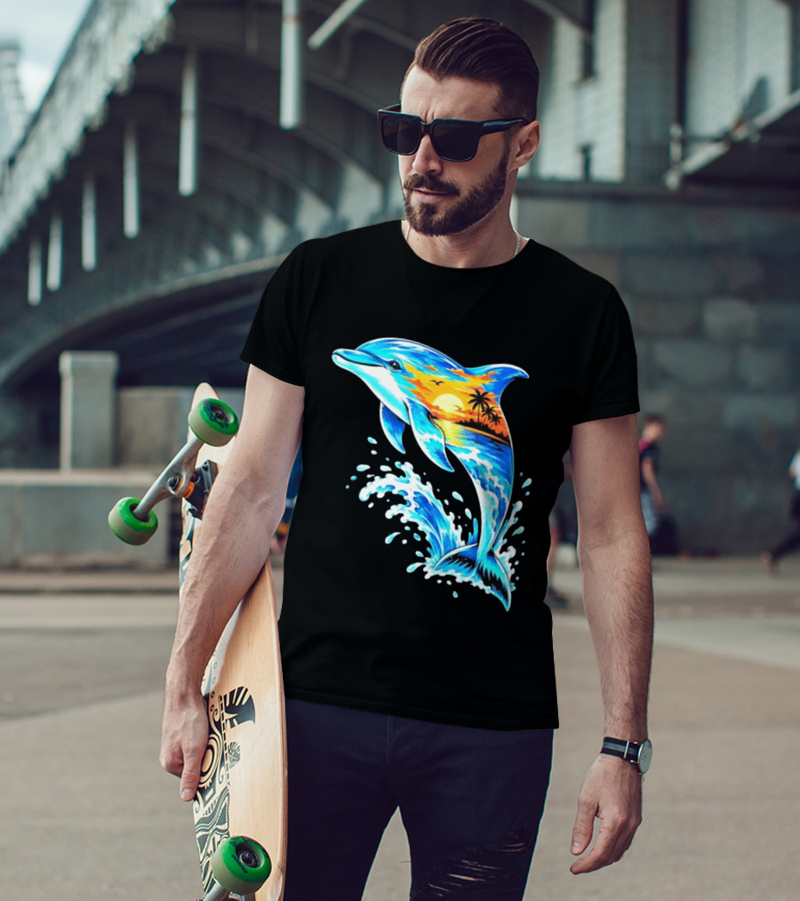 Tropical Sunset Dolphin Ocean Wave Marine Life Scene T-Shirt