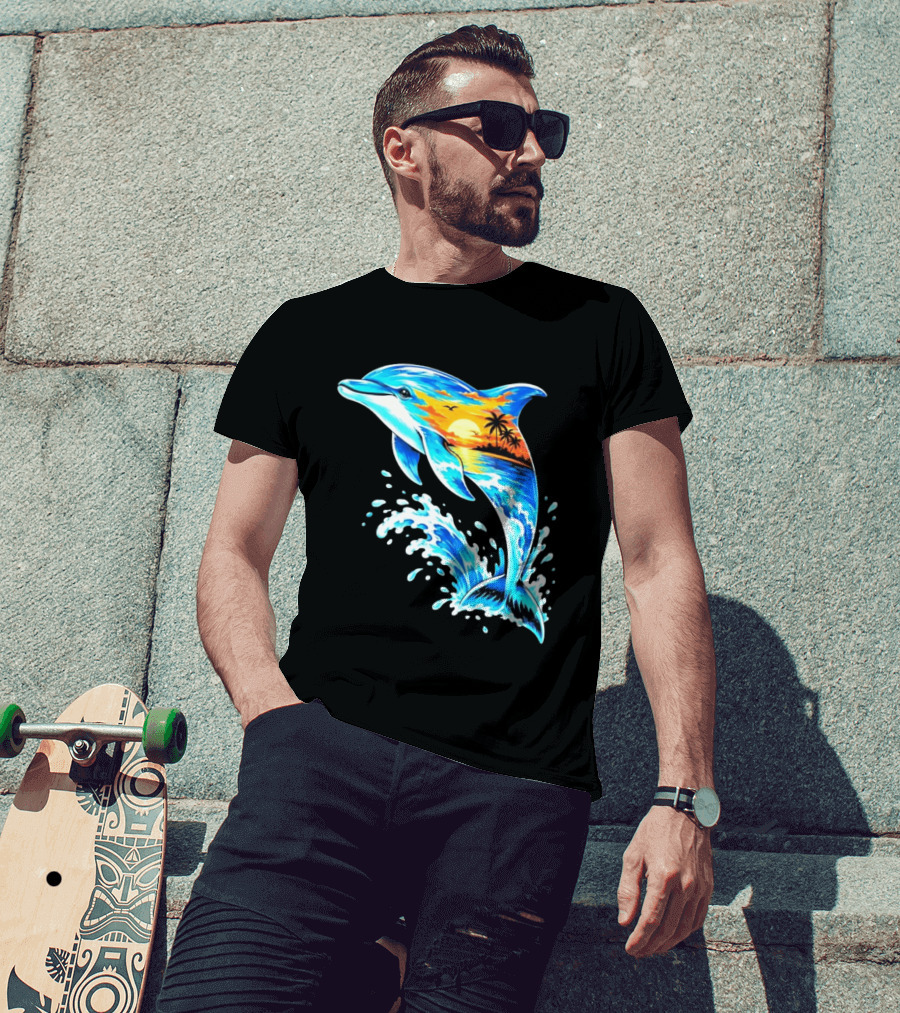 Tropical Sunset Dolphin Ocean Wave Marine Life Scene T-Shirt