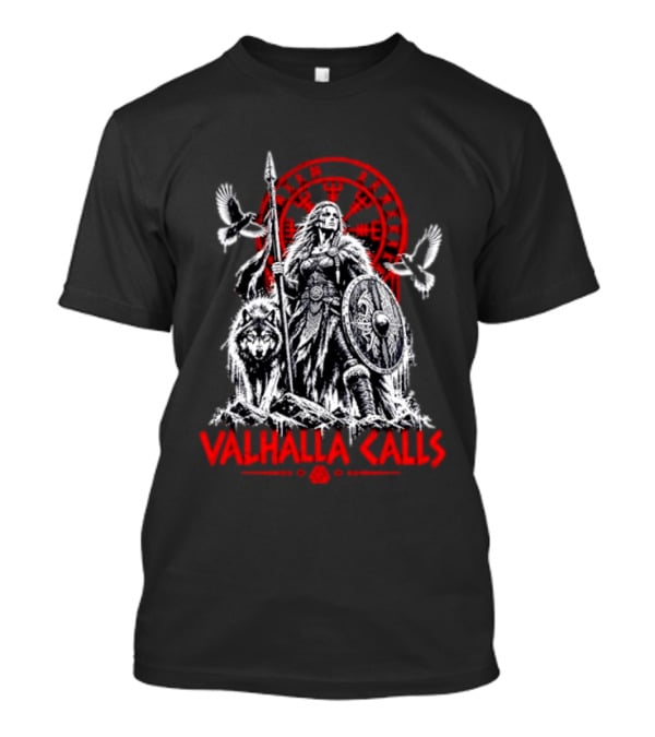 Valhalla Calls Viking Warrior With Wolf Ravens Spear Shield Nordic Rune Wheel T-Shirt