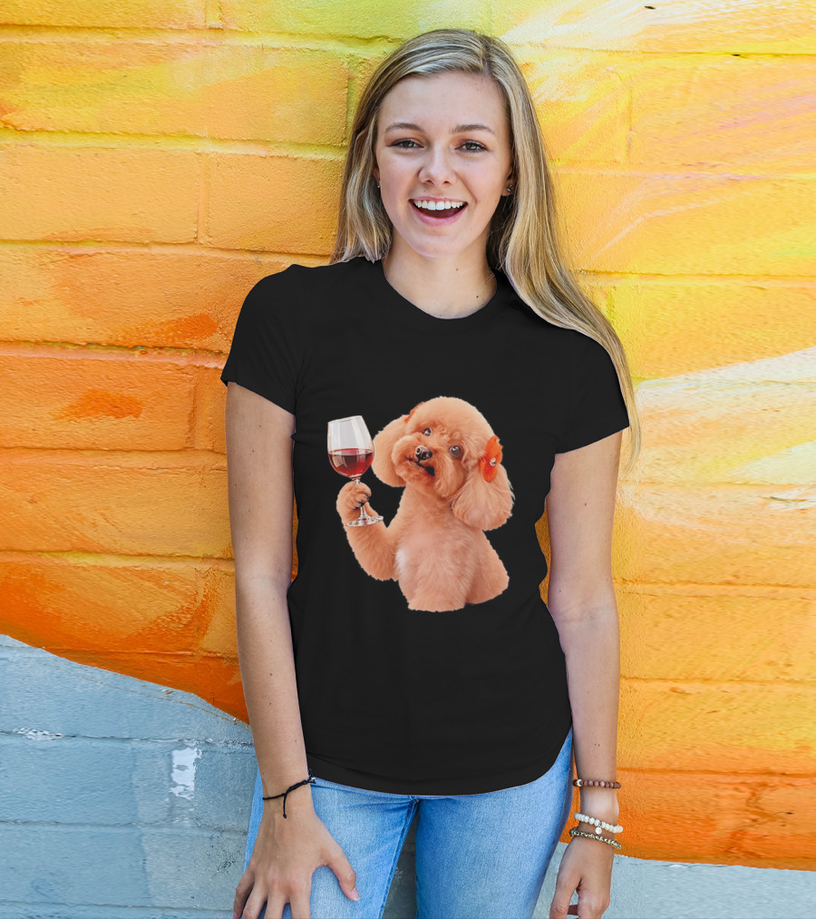 Poodle With Wine Glass And Red Bow Accessory T-Shirt