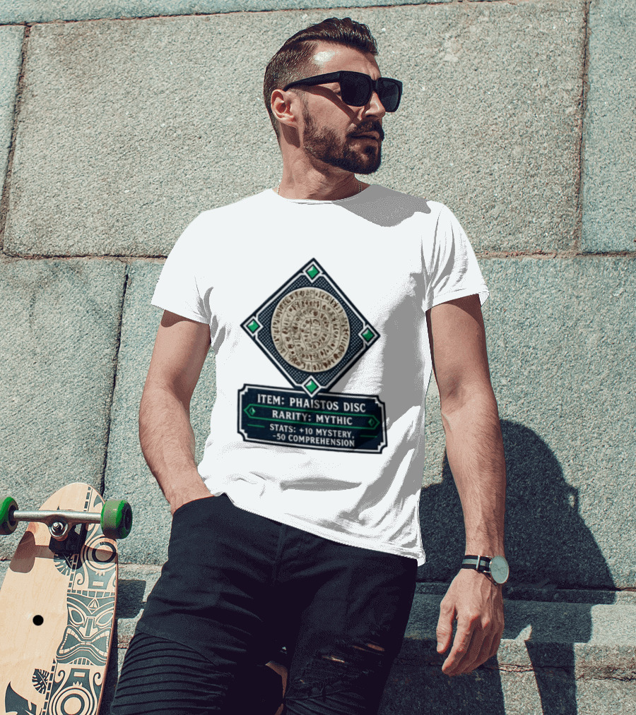 Item Phaistos Disc Rarity Mythic Stats +10 Mystery 50 Comprehension T-Shirt