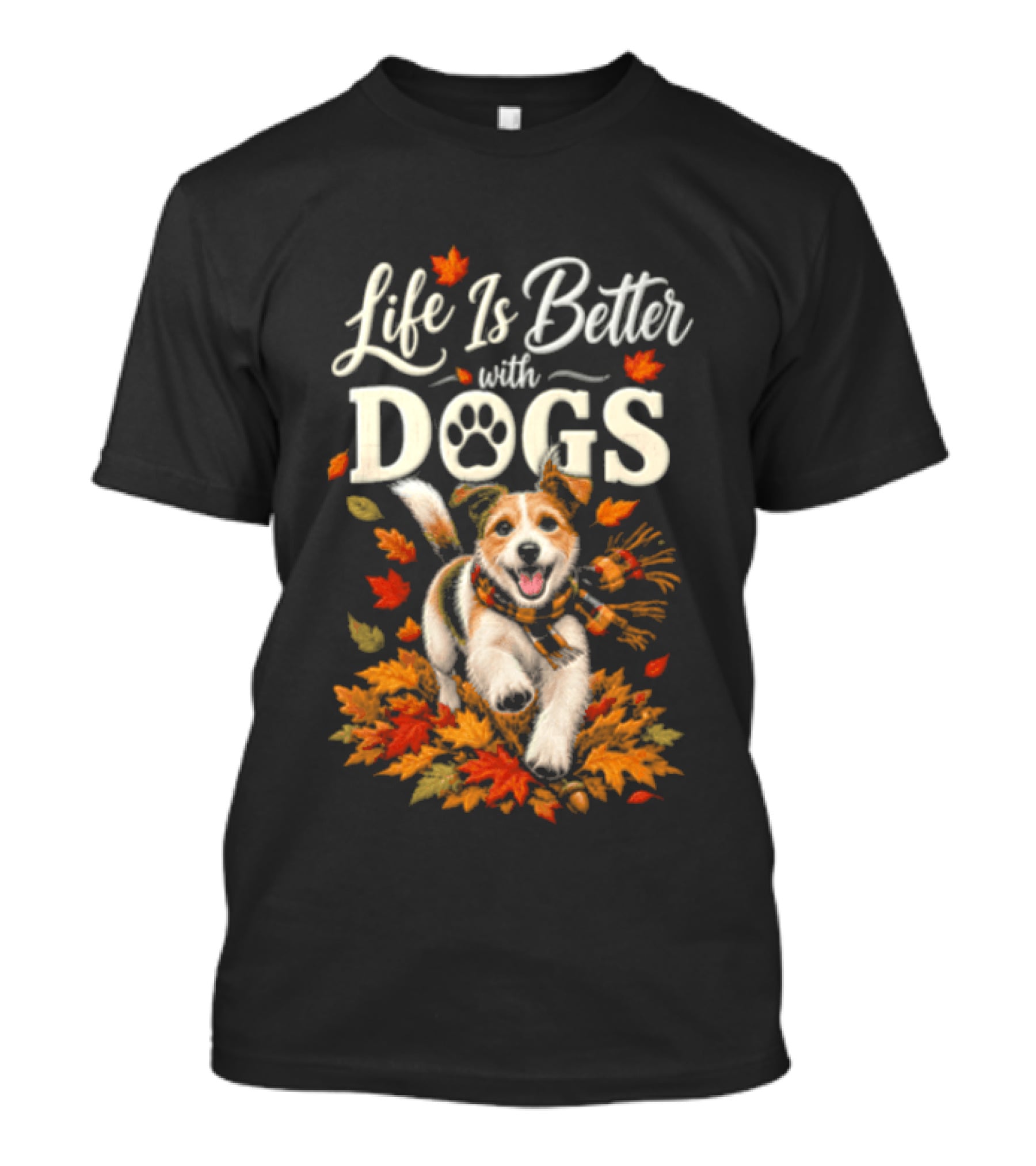 Life Is Better With Dogs Autumn Leaves Dog Paw T-Shirt