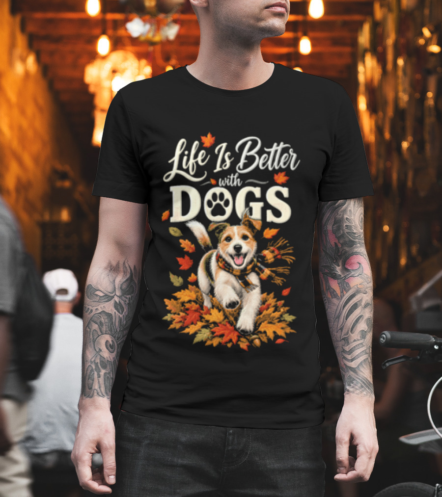 Life Is Better With Dogs Autumn Leaves Dog Paw T-Shirt