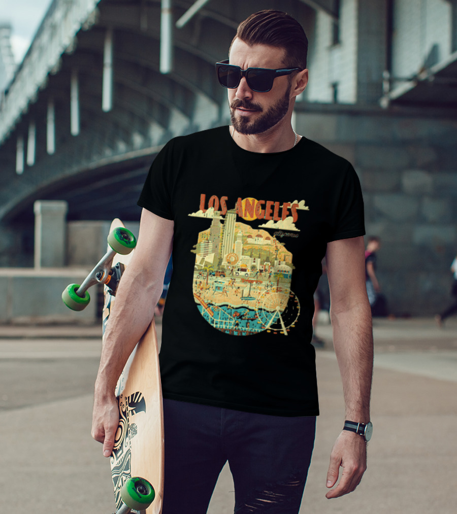 Los Angeles California Skyline Ferris Wheel And Beach Scene T-Shirt