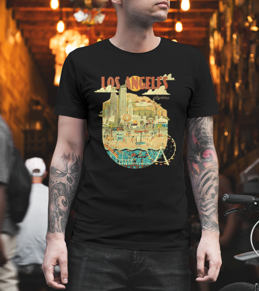 Los Angeles California Skyline Ferris Wheel And Beach Scene T-Shirt