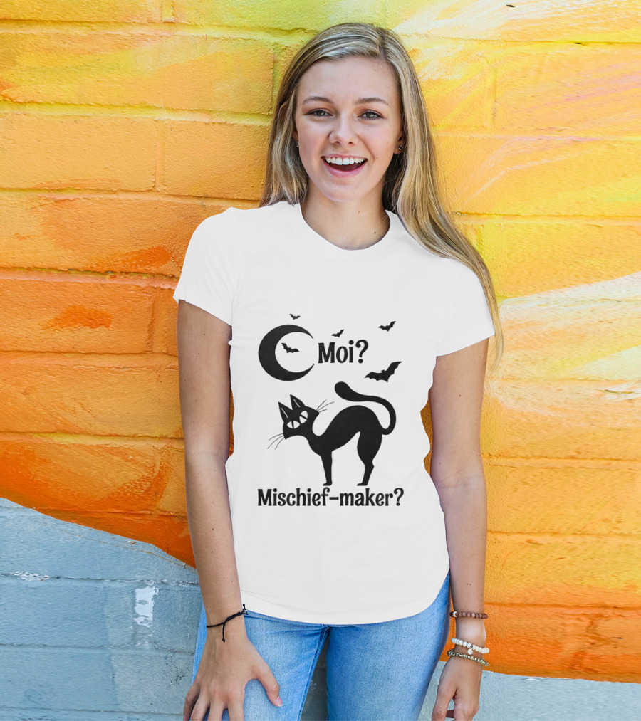 Moi Mischief Maker Black Cat Halloween Moon Bats T-Shirt