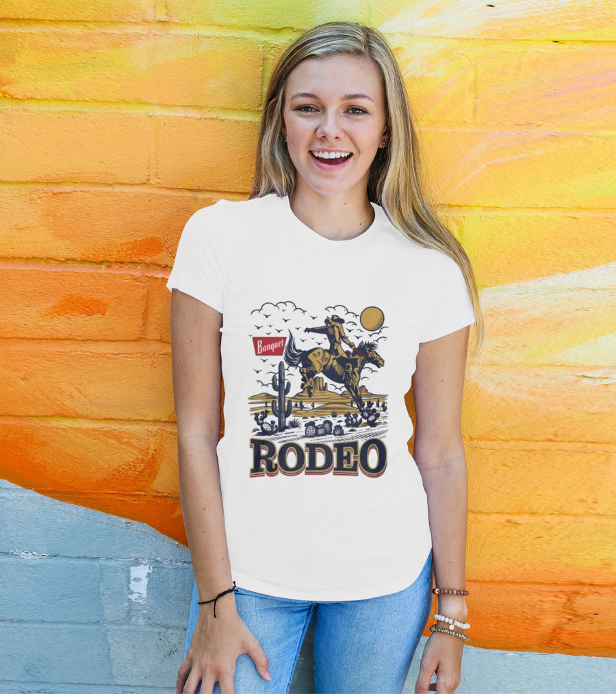 Western Rodeo Cowboy Desert Scene With Cactus And Mountains T-Shirt