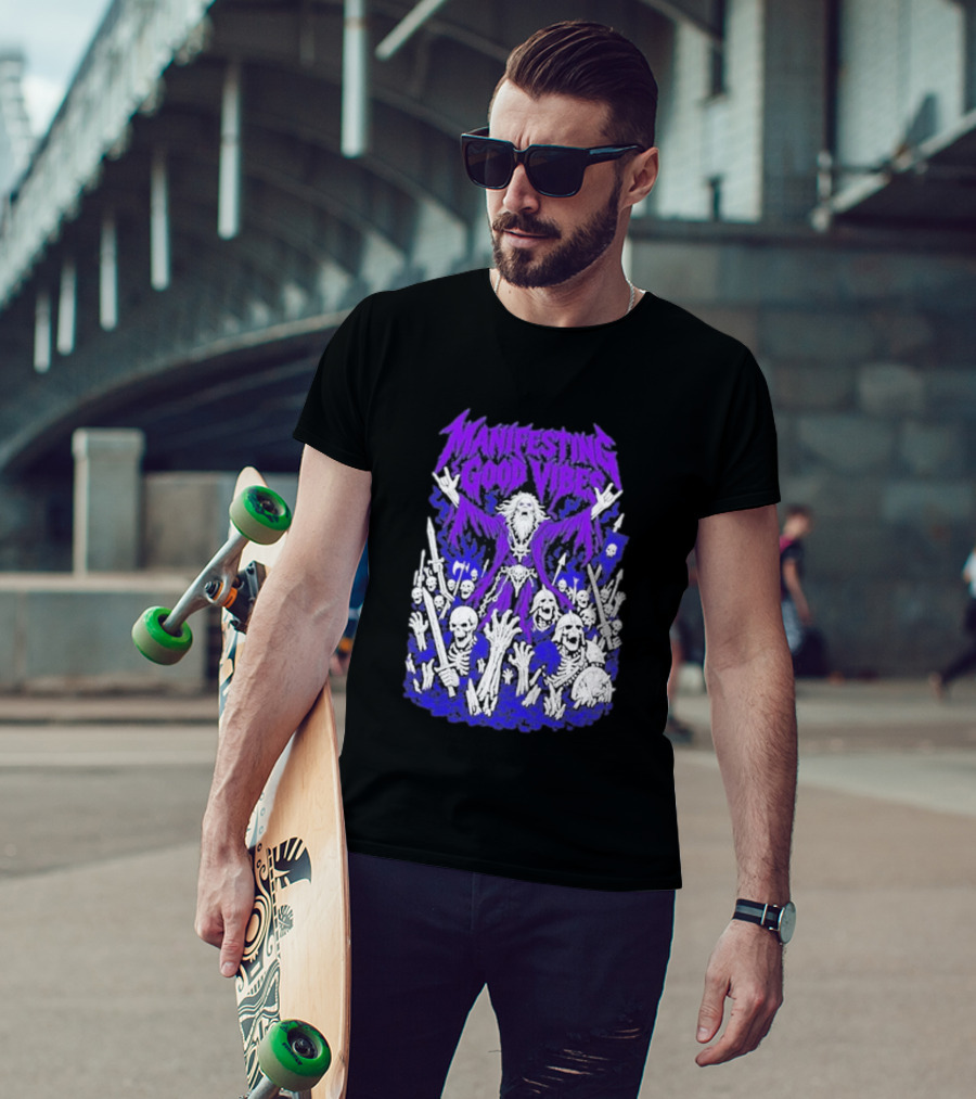 Manifesting Good Vibes Necromancer Skeleton Wizard T-Shirt
