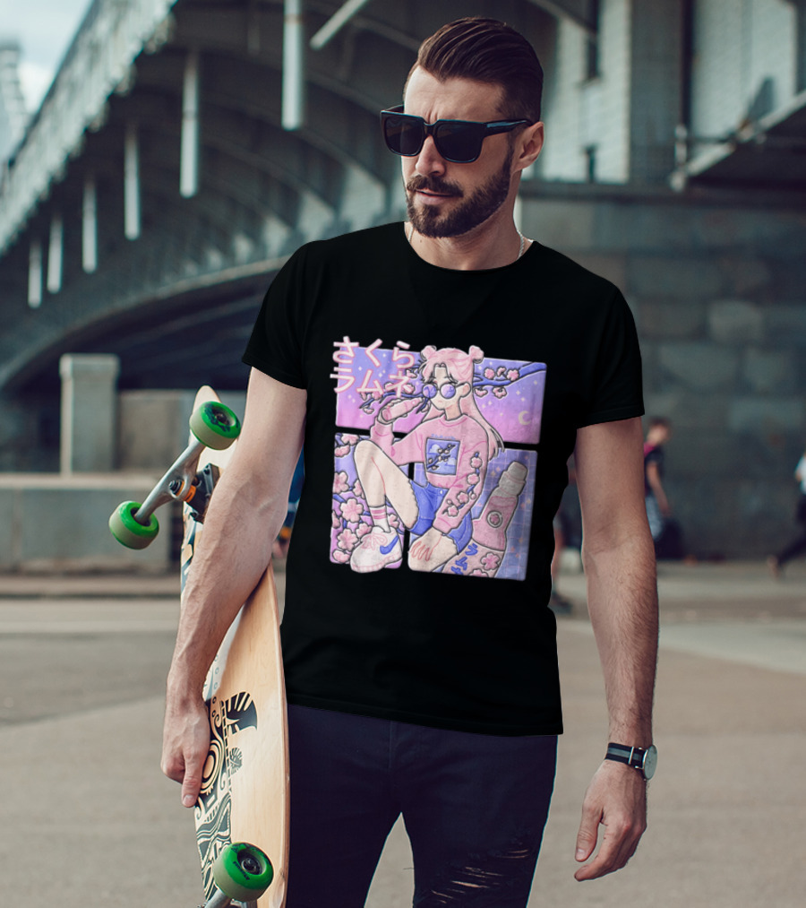 Anime Girl Drinking Pink Soda Sakura Blossoms Pastel Aesthetic T-Shirt