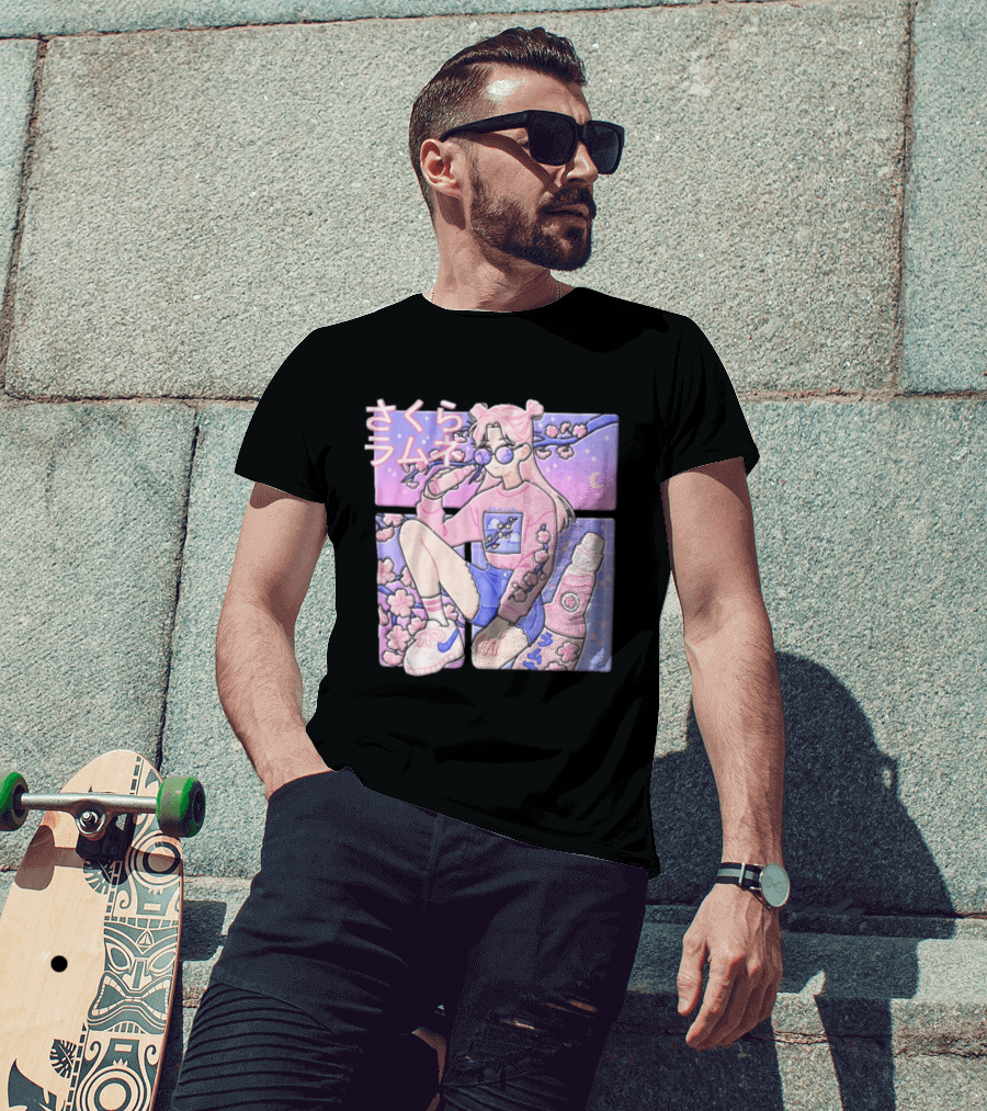 Anime Girl Drinking Pink Soda Sakura Blossoms Pastel Aesthetic T-Shirt