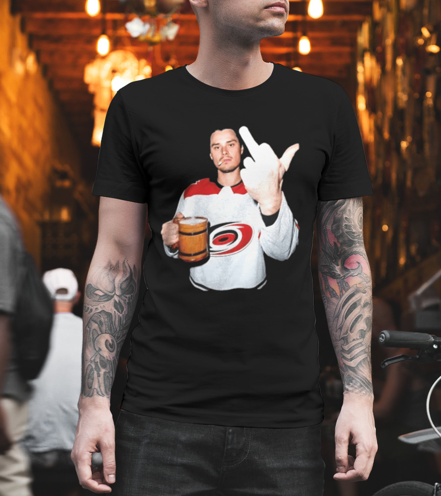 Sebastian Aho Carolina Hurricanes Wooden Beer Middle Finger Gesture T-Shirt