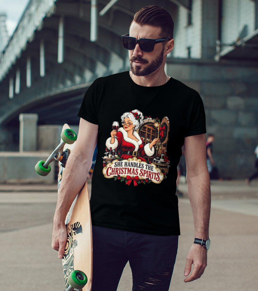She Handles The Christmas Spirits Woman With Wine Glass In Festive Wine Cellar Scene T-Shirt