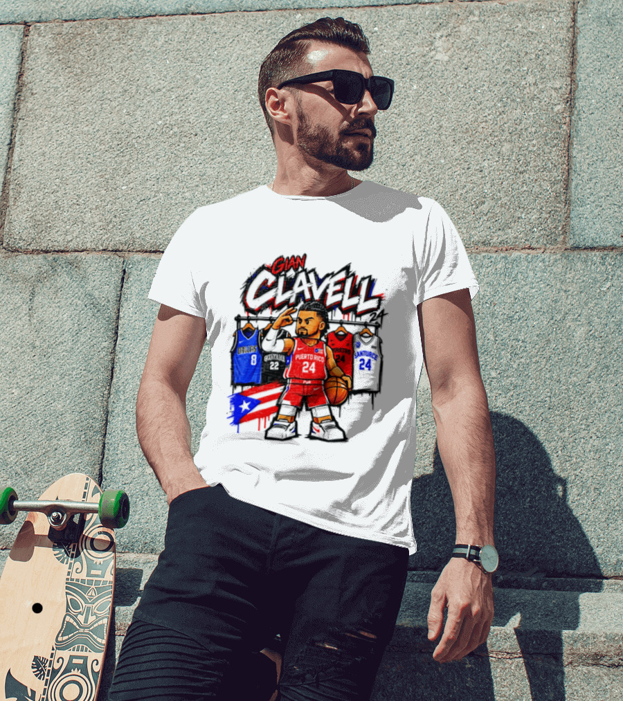 Gian Clavell Puerto Rico Basketball Cartoon With Jersey Collection And Flag T-Shirt