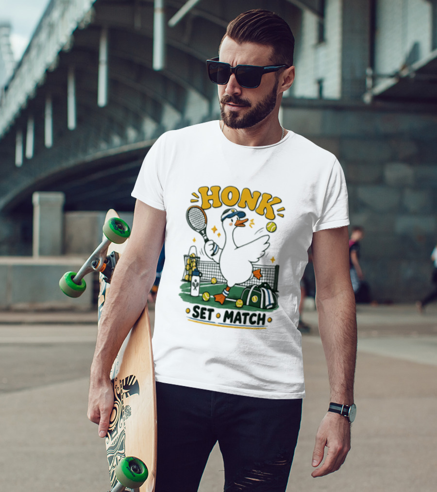 Honk Set Match Duck Playing Tennis Cartoon T-Shirt