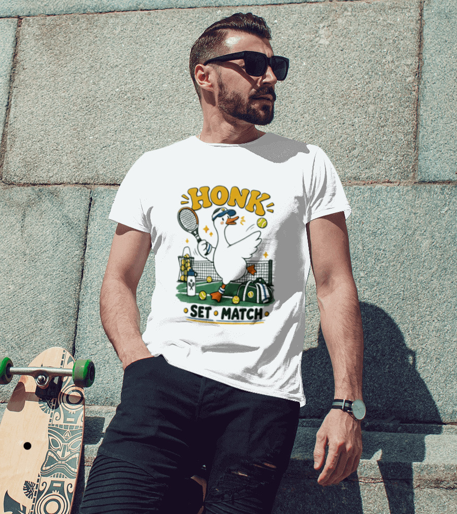Honk Set Match Duck Playing Tennis Cartoon T-Shirt