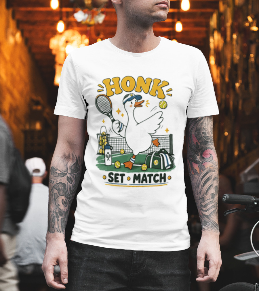 Honk Set Match Duck Playing Tennis Cartoon T-Shirt