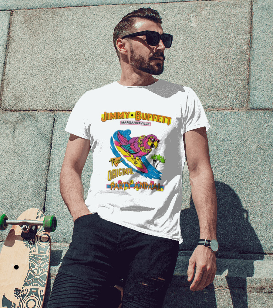 Jimmy Buffett Margaritaville Original Party Animal Parrot Surfing Wave T-Shirt