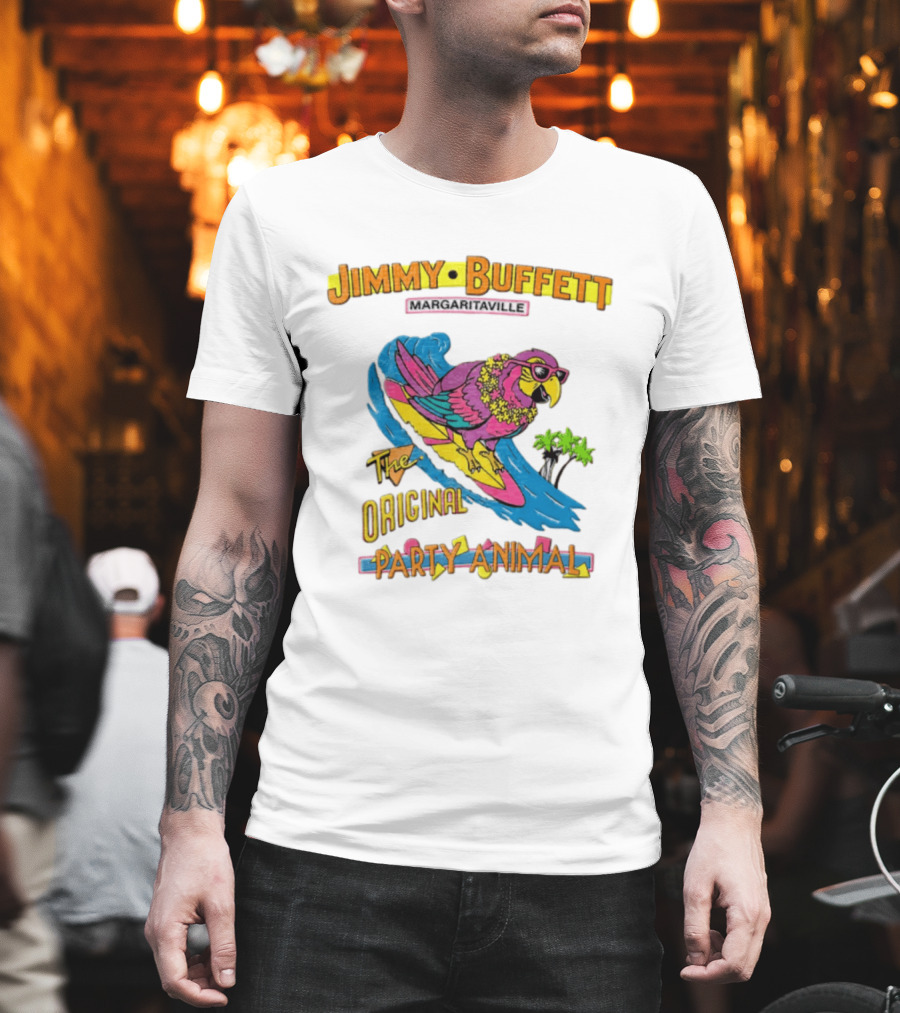 Jimmy Buffett Margaritaville Original Party Animal Parrot Surfing Wave T-Shirt