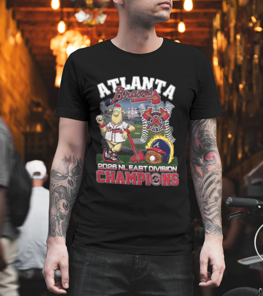 Atlanta Braves 2026 NL East Division Champions Stadium With Mascot And Baseball Bat T-Shirt