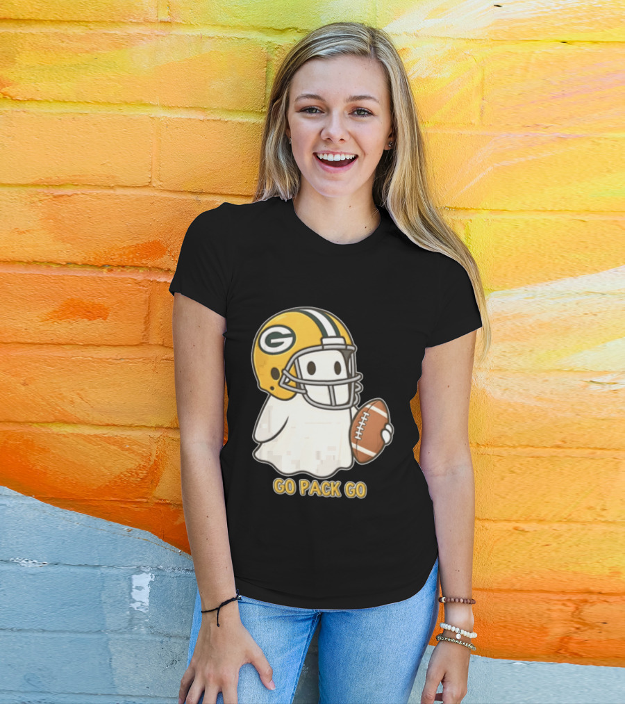Go Pack Go Ghost With Green Bay Packers Football Helmet And Ball T-Shirt