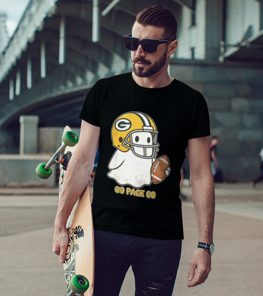 Go Pack Go Ghost With Green Bay Packers Football Helmet And Ball T-Shirt