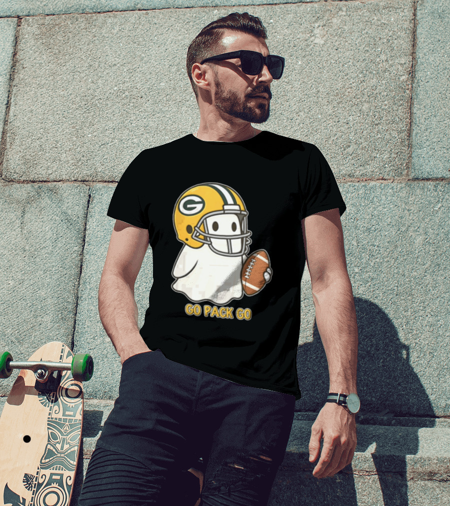 Go Pack Go Ghost With Green Bay Packers Football Helmet And Ball T-Shirt