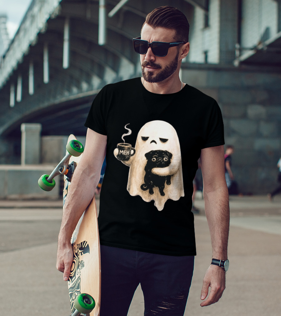 Halloween Meh Ghost Holding Black Pug Dog Lover T-Shirt