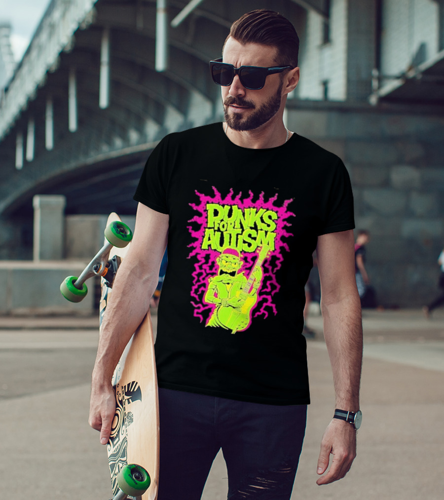 Punks For Autism Frankenstein Guitar Player Neon Rock T-Shirt