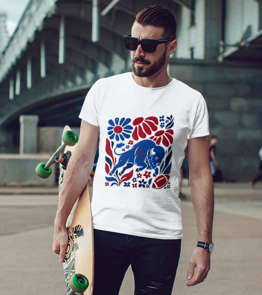 Buffalo Bills Charging Buffalo Red Blue Flowers Football T-Shirt